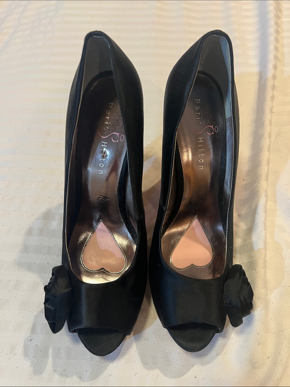 Paris Hilton Black Satin Peep-Toe Pumps with Rosette